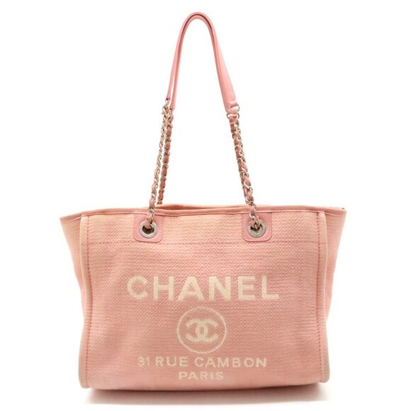 CHANEL Handbags - Authentic CHANEL CC Deauville Tote MM Pink White Canvas Chain Shoulder Bag